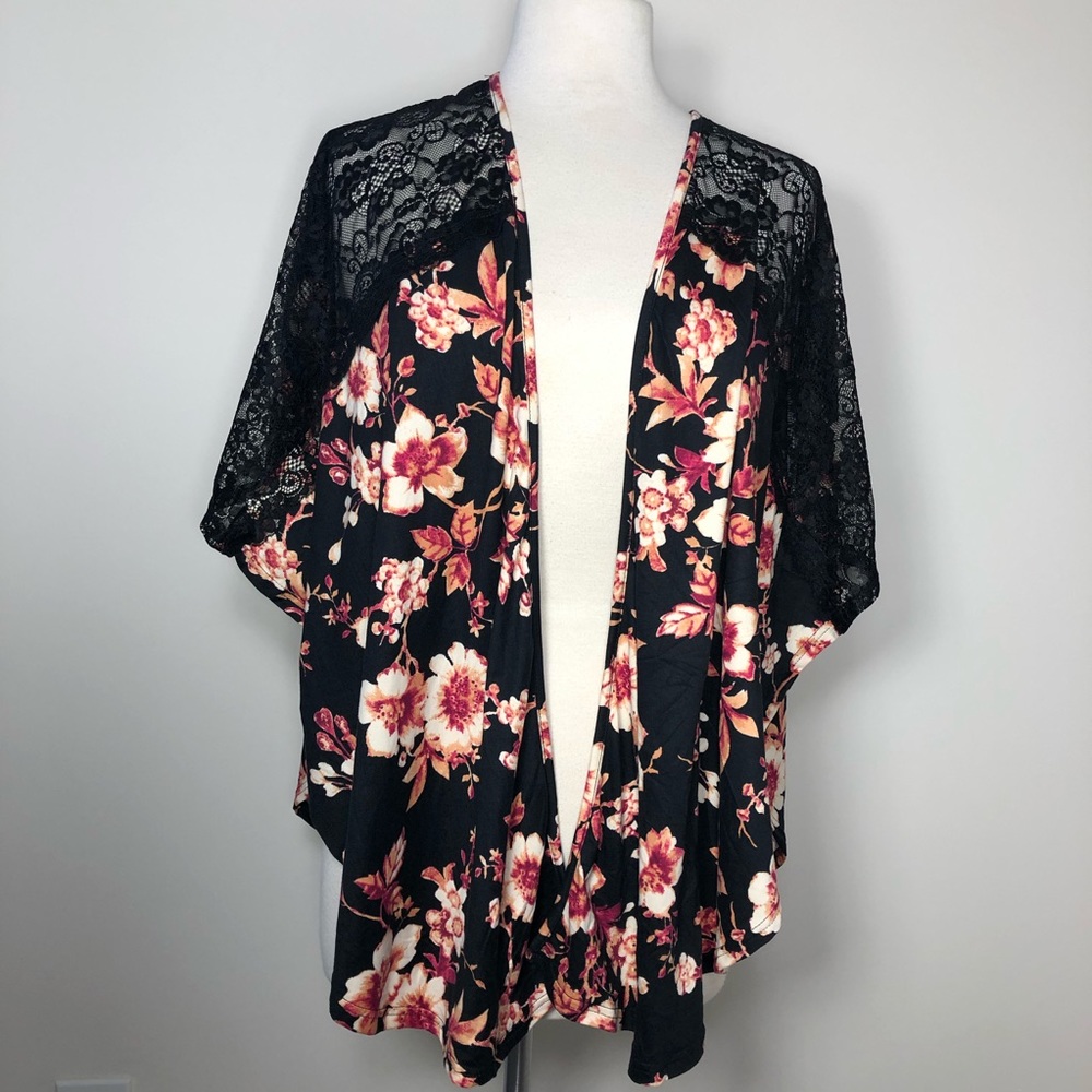 Sweet Rain NWT Black Floral and Lace Kimono Swimsuit Coverup